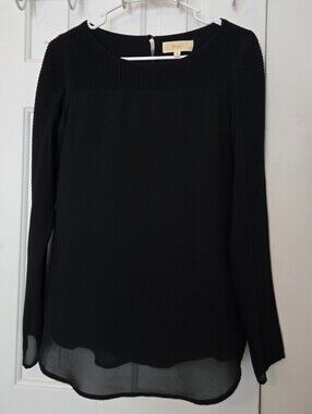 Lost April Anthropologie Black Long-Sleeve Chiffon-Hem Blouse Size S